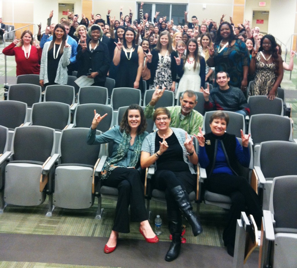 "Horns Up!" from the fall class of 2014 and undergraduate instructors.