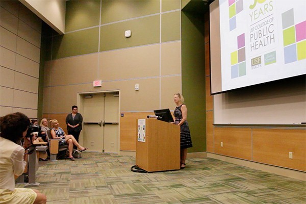 Dr. Donna Petersen, dean of the USF College of Public Health addresses an audience of health professional who’ve collaborated with USF COPH as part of the 30th anniversary celebrations to honor community partnerships.