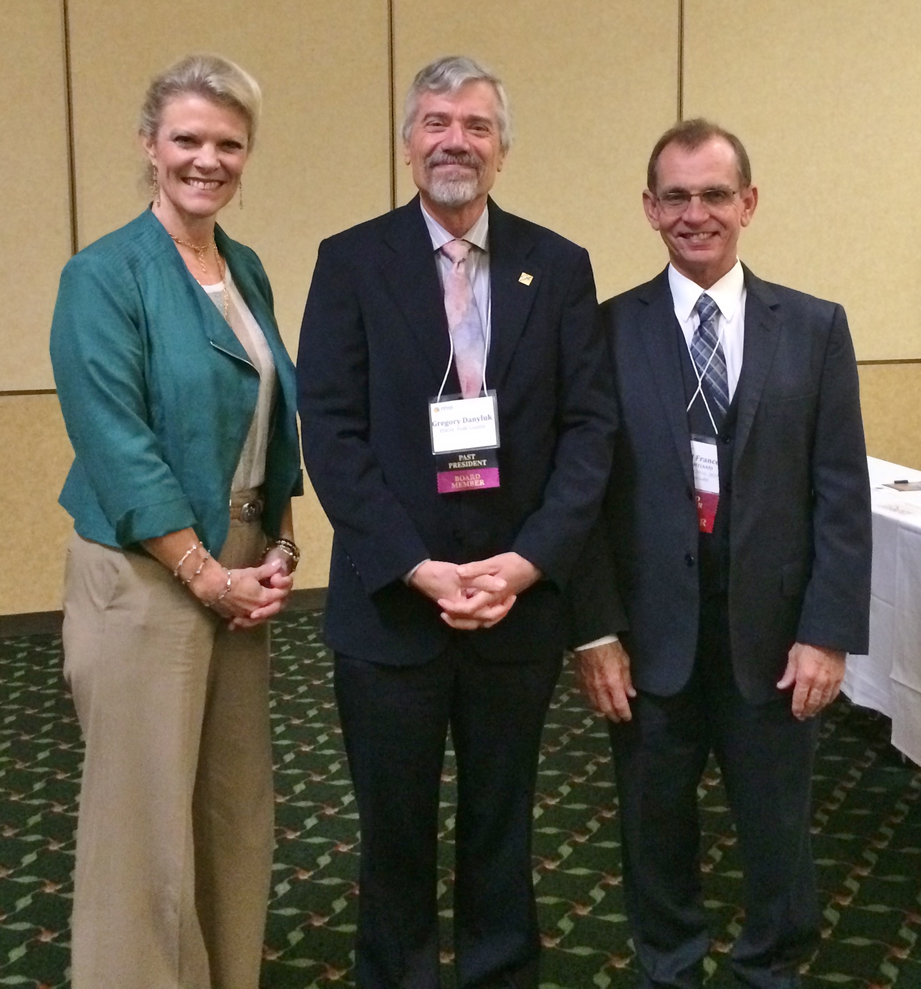 FPHA leadership took time out for a USF COPH photo shoot. (from left) FPHA president Shannon Hughes, past-president Dr. Greg Danyluk and president-elect Dr. Richard France. Ms. Hughes is a current COPH graduate student and Drs. Danyluk and France are COPH alumni. At the conclusion of the annual meeting, France assumed the presidency for 2016-17. (Photo courtesy of Dr. Danyluk)