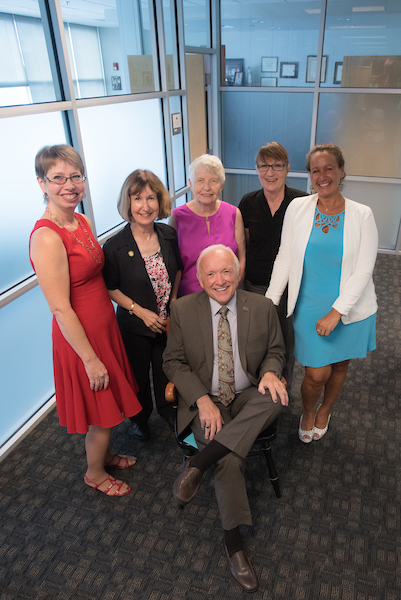 Dr. Phillip Marty with some of the staff who assisted him at USF Health over the years — from left, Cheryl Lesko, Jo Ann Moore, Linda Lalli, Charmaine Disimile and Carolyn Mercurio Dove (Photo by Eric Younghans).