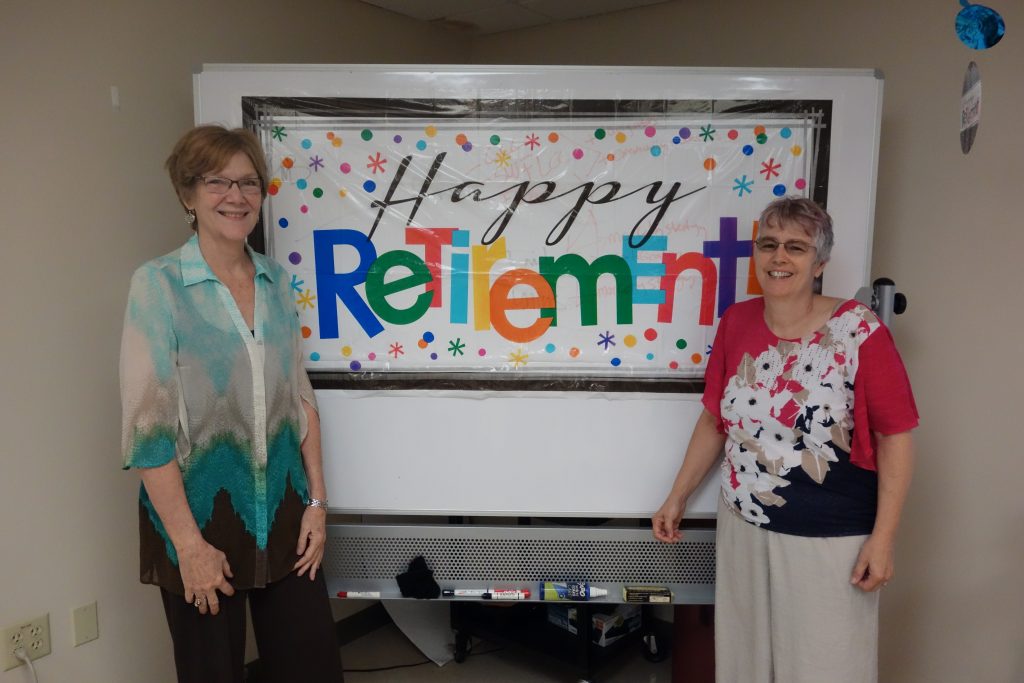 Drs. Martha Coulter (left) and Kathleen O’Rourke at their retirement send-off. (Photo by Anna Mayor)