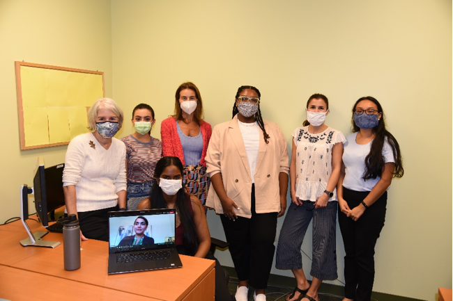 Some members of the FPRC team: L to R (back): Dr. Claudia Parvanta, Rheese McNab, Angela Makris, Natalie Erasme, April Ingram, Jackie Perez. Front: Samantha Boddupalli. Dr. Mahmooda Khaliq Pasha (computer screen). (Photo by Caitlin Keough)