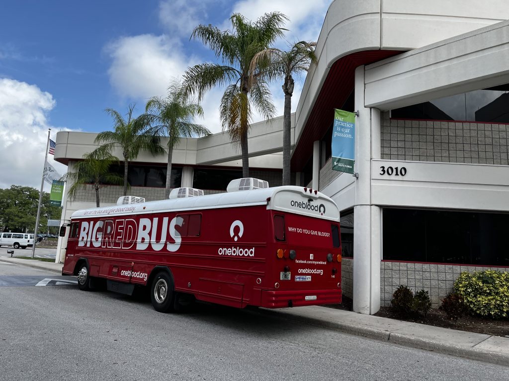 Students donated blood to the OneBlood bus at the 2022 Give Life Day event. (Photo by Caitlin Keough)