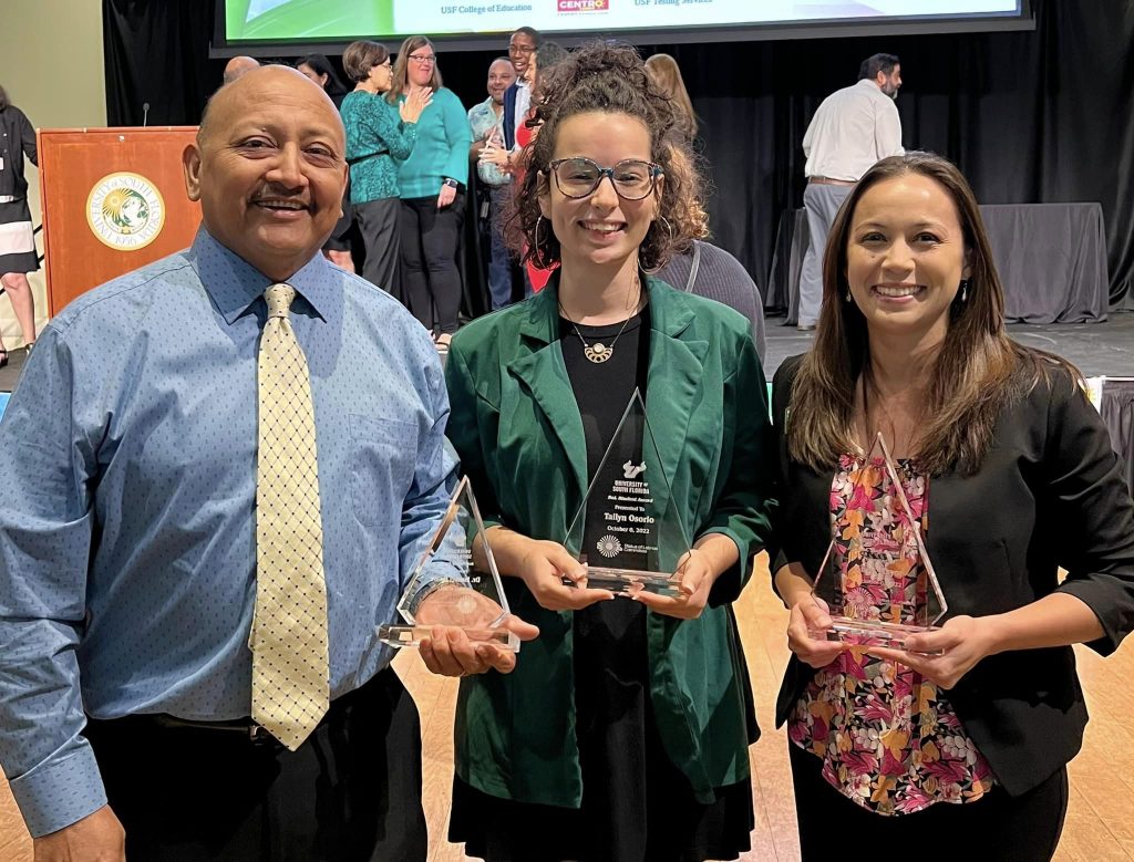 Dr. Ismael Hoare, Tailyn Osorio and Anna Mayor with their USF Hispanic Heritage Awards. (Photo courtesy of Anna Mayor)