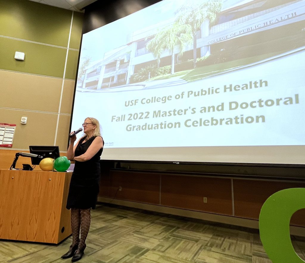 Dean Donna Petersen speaking at the COPH graduate ceremony. (Photo by Caitlin Keough)