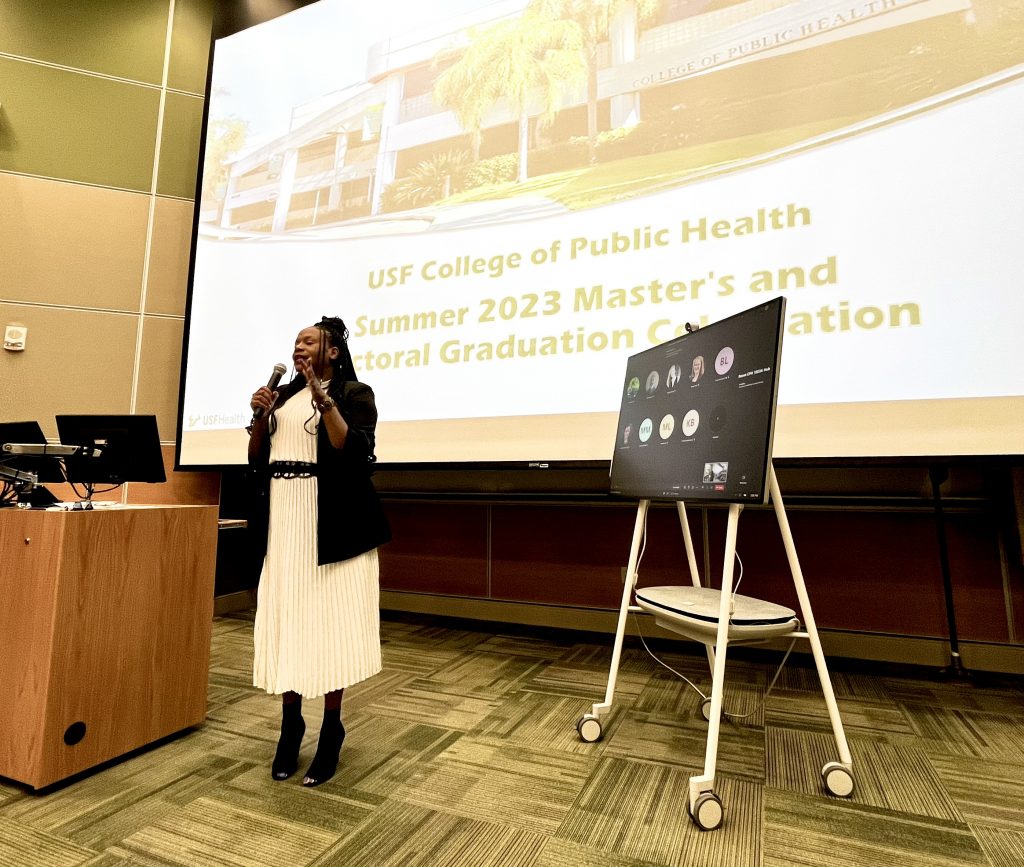 Dr. Tricia Penniecook presenting at the college’s graduate graduation ceremony. (Photo by Caitlin Keough)