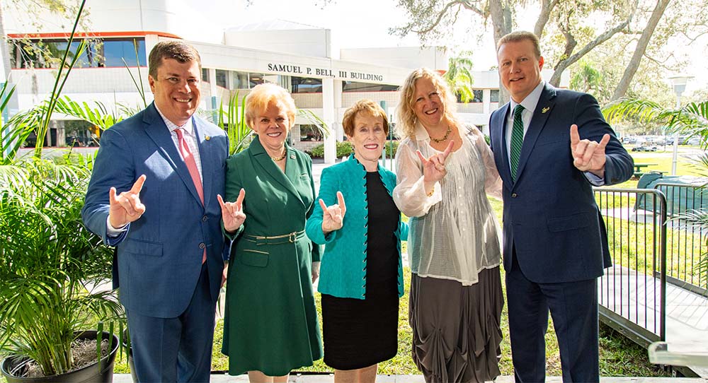 (L-R) Mike Griffin, vice chair of the USF Board of Trustees, USF President Rhea Law, USF President Emerita Betty Castor, wife of the late Samuel P. Bell, III, Donna Petersen, senior associate vice president of USF Health and dean of the College of Public Health, and USF Foundation CEO Jay Stroman.